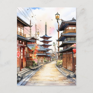 Japan street cosy spring watercolor postcard