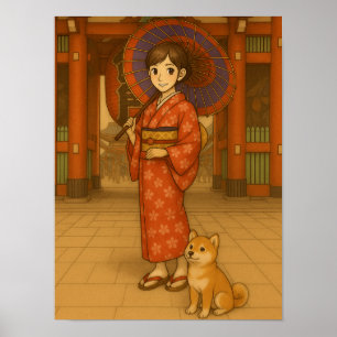 Japan Stroll – Kimono Girl and Shiba dog Art Poster