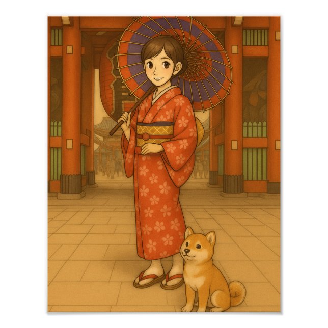 Japan Stroll – Kimono Girl and Shiba dog Art Print (Front)