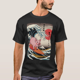 Japan Surfing Pig Kawaii Anime Great Wave Surfing T-Shirt