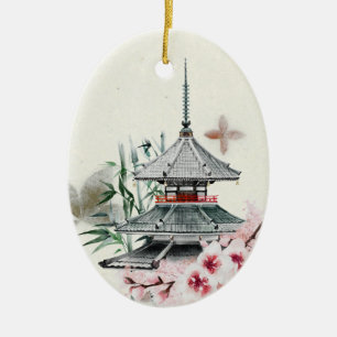 Japan Temple, Bamboo, Cherry Blossoms Christmas Ceramic Ornament