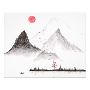 Japan traditional Sumi-e style drawing. Mountains Photo Print
