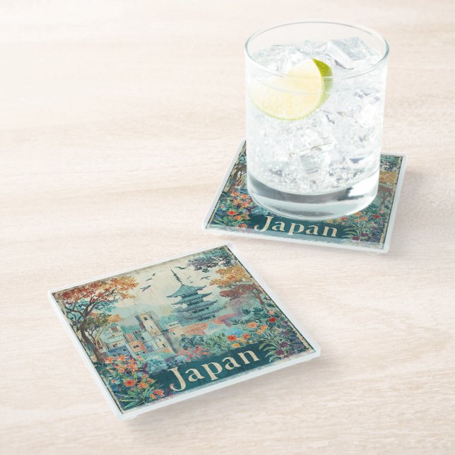 Japan travel poster glass coaster (Angled)