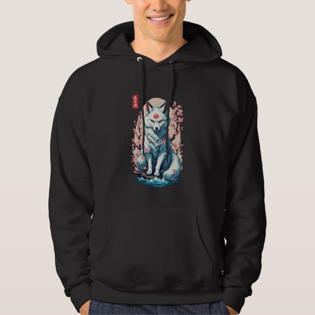 Japan White Fox Spirit Cherry Blossom Kitsune Aest Hoodie (Front)