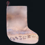 Japan winter nature. Wildlife scene, snowy nature. Small Christmas Stocking<br><div class="desc">Japan winter nature. Wildlife scene, snowy nature. Bridge Cranes. Otowa winter Japan with snow. Birds in river with fog. Hokkaido, cold Japan. Red-crowned cranes in the water. winter, animal, hokkaido, landscape, wild, wildlife, couple, crane, japan, action, asia, asian, bird, black, cold, , courting, courtship, crown, dance, vintage, retro, illustration, ...</div>