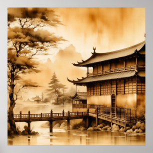 JAPANDI ART VINTAGE VILLAGE SCENERY WARM BROWN  POSTER