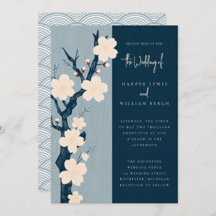 Japandi blue cherry blossom wedding invitation