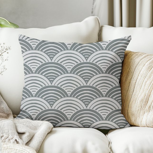 Japandi Farmhouse Grey Monochromatic Waves Scallop Cushion (Creator Uploaded)