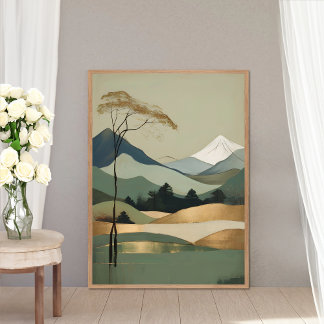 Japandi Gold & Green Mountain Landscape Poster