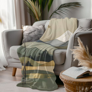Japandi Gold & Green Mountain Landscape Sherpa Blanket