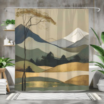 Japandi Gold & Green Mountain Landscape