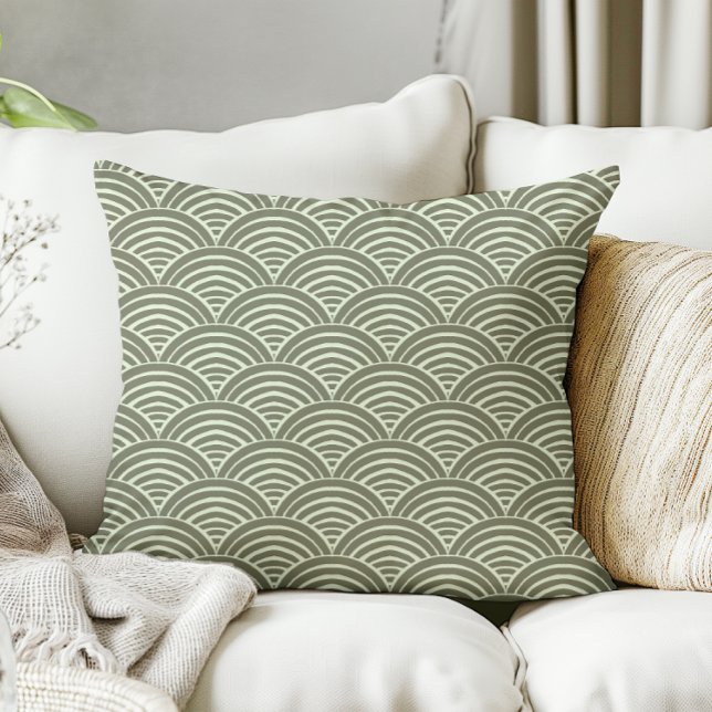 Japandi Modern Farmhouse Sage Green Waves Arches Cushion (sage green japandi japanese scandinavian pillow)