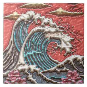 Japanee Style Large Wave Sakura Cherry Blossoms Ceramic Tile