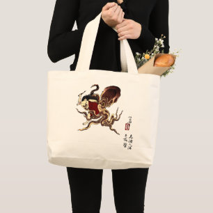 Japanese Abolone Diver and Octopus Fighting Large Tote Bag