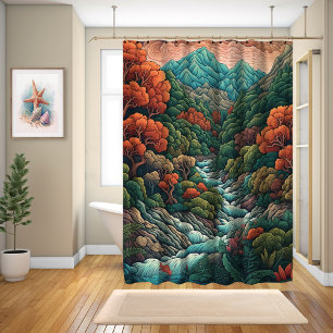Japanese Abstract Forest Landscape Shower Curtain
