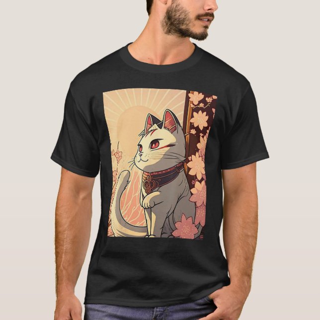 Japanese Aesthetic Cute cat japan Sakura Cherry Bl T-Shirt (Front)