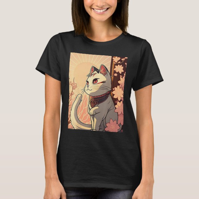 Japanese Aesthetic Cute cat japan Sakura Cherry Bl T-Shirt (Front)