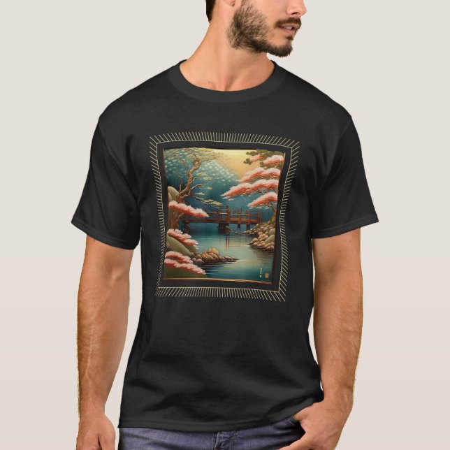 Japanese Aesthetic River Bridge Nature Landscape T-Shirt (Front)