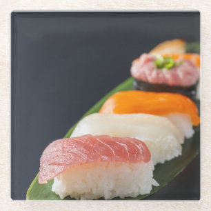 Japanese aesthetics - Assorted sushi on a black ba Glass Coaster