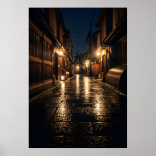 Japanese Alley Rain Night Photography Kyoto Street Poster