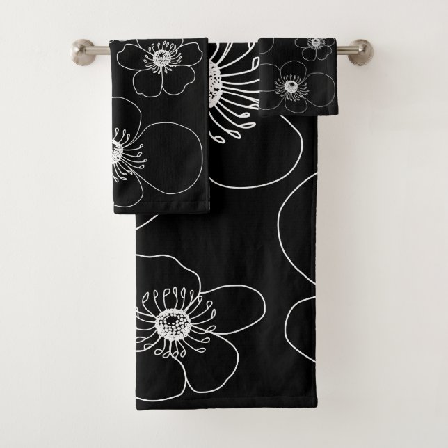 Japanese Anemones on Black  Bath Towel Set (Insitu)