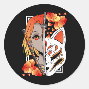 Japanese Anime Girl Mask Samurai Sword Flowers Classic Round Sticker