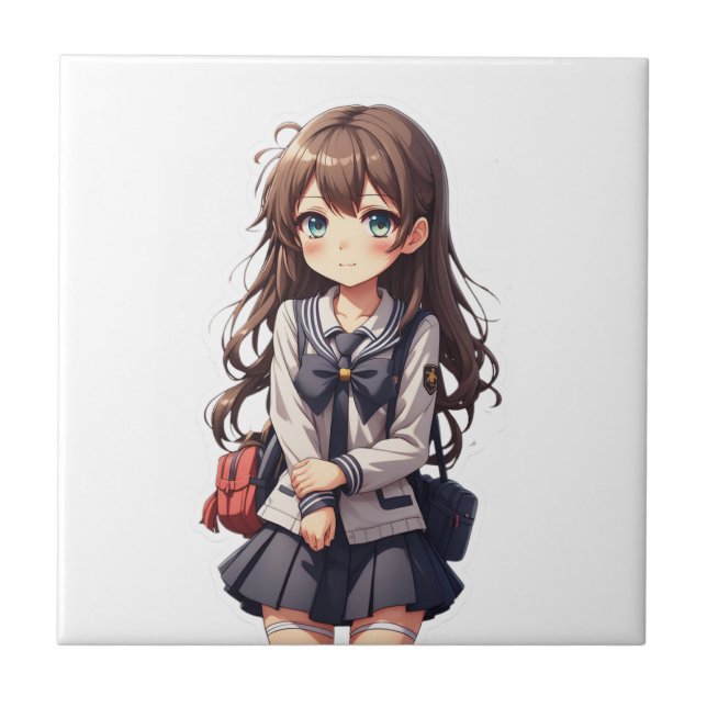 Japanese Anime School Girl Ceramic Tile (Front)