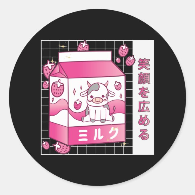 Japanese Anime Strawberry Milk Carton Cute Cow Classic Round Sticker (Front)