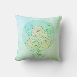 Japanese aqua rose line art cushion