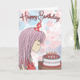 Japanese Art Anime Girl Happy Birthday Card