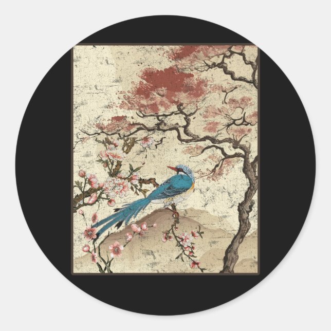 Japanese Art Birds on Peach Tree Blossom Japanese  Classic Round Sticker (Front)