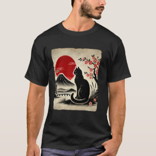 Japanese Art Black Cat Mount Fuji Cherry Blossoms  T-Shirt