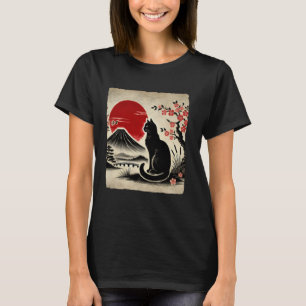 Japanese Art Black Cat Mount Fuji Cherry Blossoms  T-Shirt