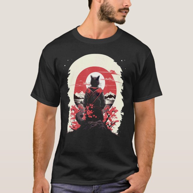 Japanese Art Cat Ninja Ukiyo-e Style Samurai Cat T-Shirt (Front)