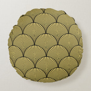 Japanese Art Deco: Black Gold Design Round Cushion