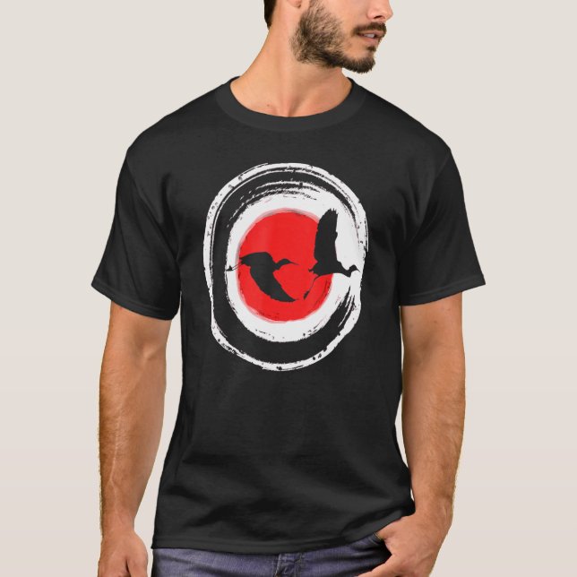 Japanese Art Enso Circle Flying Cranes Ukiyo E Woo T-Shirt (Front)