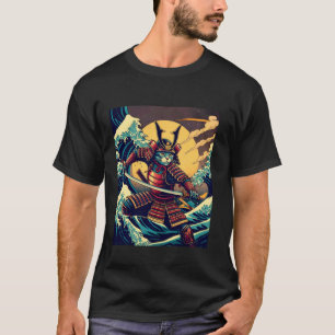 Japanese Art Fusion Retro Samurai Cat and Great Wa T-Shirt