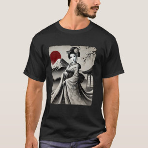 Japanese Art Geisha Mount Fuji Cherry Blossoms Red T-Shirt