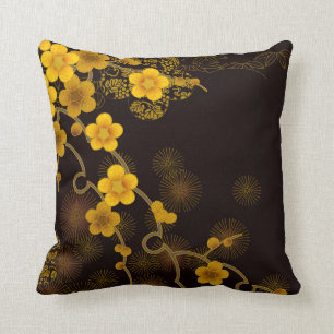 Japanese Art Golden Yellow & Deep Brown Floral Cushion
