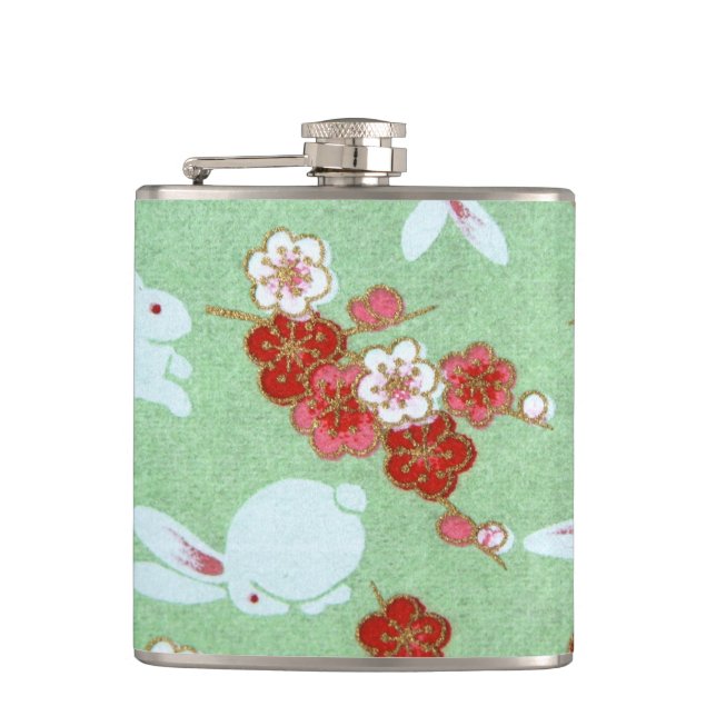 Japanese Art: Green Sakura and Rabbits Hip Flask (Front)