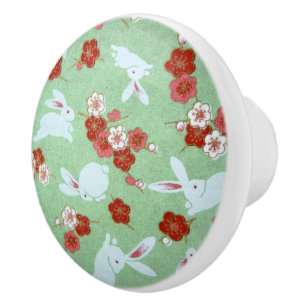 Japanese Art: Green Sakura and Rabbits Knob