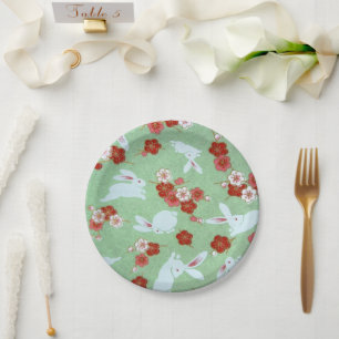 Japanese Art: Green Sakura and Rabbits Paper Plate