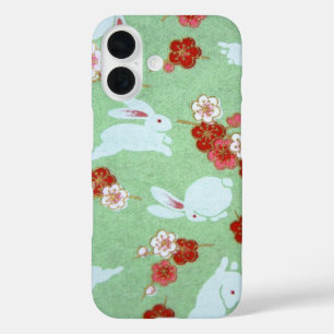 Japanese Art: Green Sakuras and Rabbits iPhone 16 Case