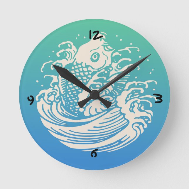 Japanese Art Koi Fish Blue Vintage Design Round Clock (Front)