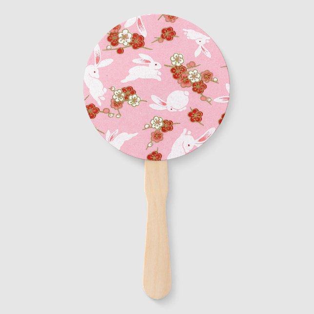 Japanese Art Pink Sakuras & Rabbits Hand Fan (Front)