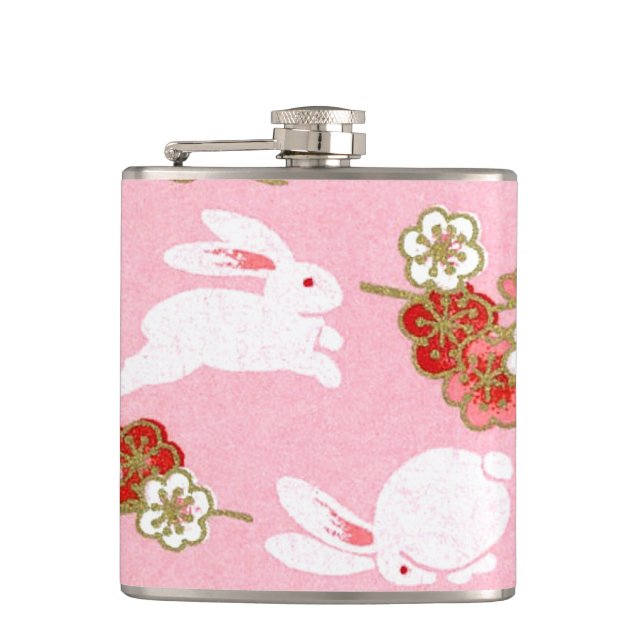 Japanese Art: Pink Sakuras & Rabbits Hip Flask (Front)