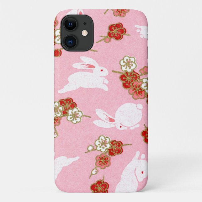 Japanese Art Pink Sakuras & Rabbits iPhone 11 Case (Back)