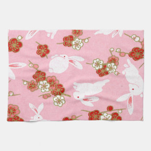 Japanese Art: Pink Sakuras & Rabbits Kitchen Towel