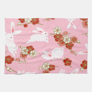 Japanese Art: Pink Sakuras & Rabbits Kitchen Towel