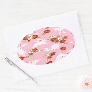 Japanese Art: Pink Sakuras & Rabbits Oval Stickers